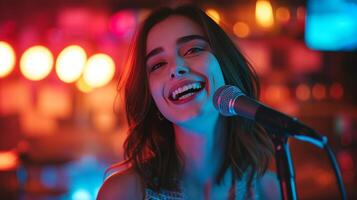 AI generated happy beautiful girl sings in karaoke, blurred background with copy space photo