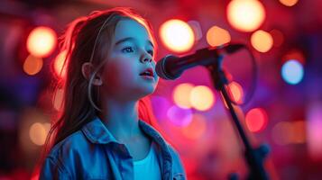 ai generado contento hermosa niña canta en karaoke, borroso antecedentes con Copiar espacio foto