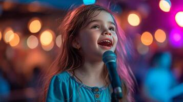 ai generado contento hermosa niña canta en karaoke, borroso antecedentes con Copiar espacio foto