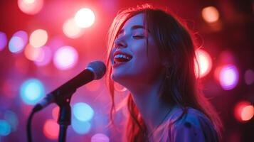 AI generated happy beautiful girl sings in karaoke, blurred background with copy space photo