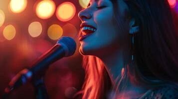 AI generated happy beautiful girl sings in karaoke, blurred background with copy space photo