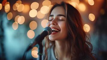 AI generated happy beautiful girl sings in karaoke, blurred background with copy space photo