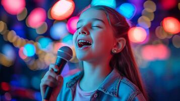 ai generado contento hermosa niña canta en karaoke, borroso antecedentes con Copiar espacio foto