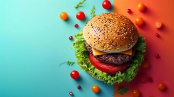 AI generated minimalist vivid advertisment background with burger and copy space photo