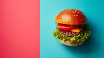 AI generated minimalist vivid advertisment background with burger and copy space photo