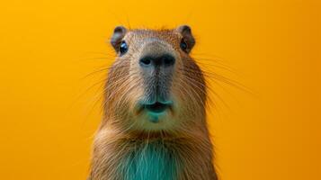 AI generated minimalist vivid advertisment background with capybara and copy space photo