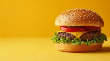 AI generated minimalist vivid advertisment background with burger and copy space photo