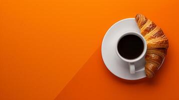 AI generated minimalist vivid advertisment background with coffee and croissant, copy space photo