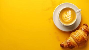 AI generated minimalist vivid advertisment background with coffee and croissant, copy space photo