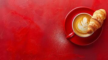AI generated minimalist vivid advertisment background with coffee and croissant, copy space photo