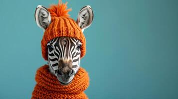 AI generated minimalist vivid advertisment background with cute zebra in knitted hat and copy space photo