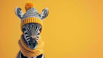 AI generated minimalist vivid advertisment background with cute zebra in knitted hat and copy space photo