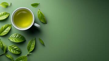 AI generated minimalist vivid advertisment background with green tea and copy space photo