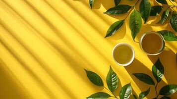 AI generated minimalist vivid advertisment background with green tea and copy space photo