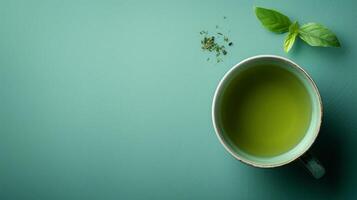 AI generated minimalist vivid advertisment background with green tea and copy space photo