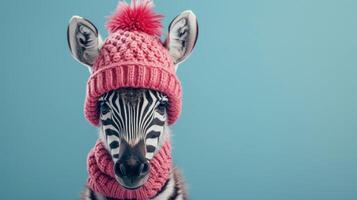 AI generated minimalist vivid advertisment background with cute zebra in knitted hat and copy space photo