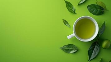 AI generated minimalist vivid advertisment background with green tea and copy space photo