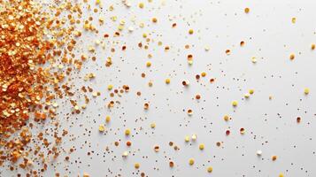 AI generated minimalist vivid advertisment background with little golden confetti and copy space photo