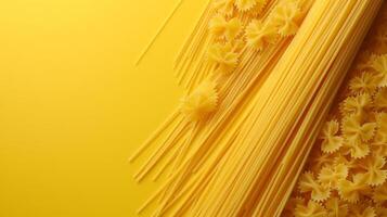 AI generated minimalist vivid advertisment background with pasta and copy space photo