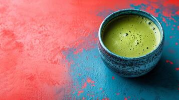 ai generado minimalista vívido Anuncio antecedentes con matcha café y Copiar espacio foto