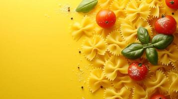 AI generated minimalist vivid advertisment background with pasta and copy space photo