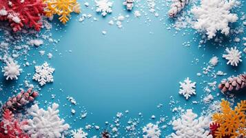 AI generated minimalist vivid advertisment background with snowflakes and copy space photo