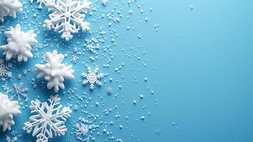 AI generated minimalist vivid advertisment background with snowflakes and copy space photo