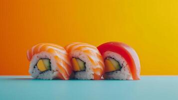 AI generated minimalist vivid advertisment background with sushi and copy space photo