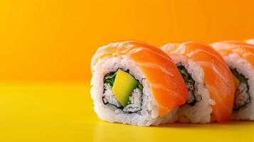 AI generated minimalist vivid advertisment background with sushi and copy space photo