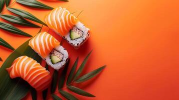 AI generated minimalist vivid advertisment background with sushi and copy space photo