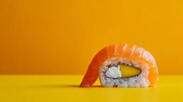 AI generated minimalist vivid advertisment background with sushi and copy space photo