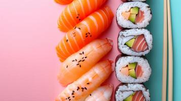 AI generated minimalist vivid advertisment background with sushi and copy space photo