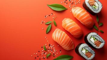AI generated minimalist vivid advertisment background with sushi and copy space photo
