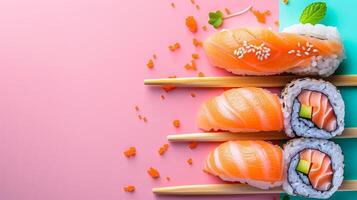 AI generated minimalist vivid advertisment background with sushi and copy space photo