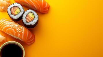 AI generated minimalist vivid advertisment background with sushi and copy space photo