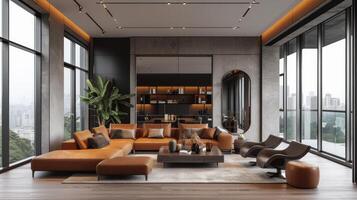 AI generated modern living room with large windows and large leather sofa and chairs photo