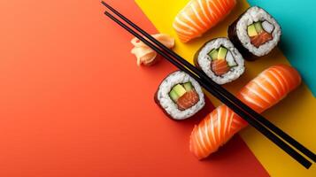 AI generated minimalist vivid advertisment background with sushi and copy space photo