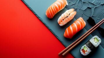 AI generated minimalist vivid advertisment background with sushi and copy space photo