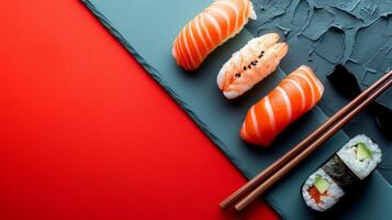 ai generado minimalista vívido Anuncio antecedentes con Sushi y Copiar espacio foto