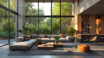 AI generated new interior of modern interiors modern living room with large windows and gray carpet photo