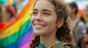 ai generado arco iris bandera con joven niña sonriente, sincero atmósfera foto