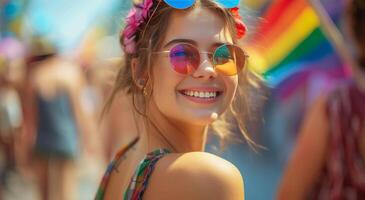 AI generated young woman at festival with rainbow flags on her head photo
