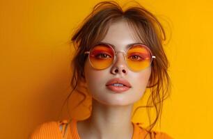 ai generado un niña con Gafas de sol en un naranja antecedentes foto