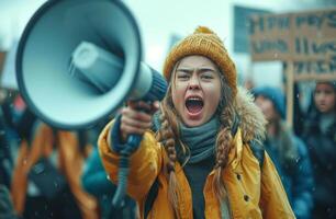 ai generado un niña con grande protesta señales gritos terminado un megáfono foto