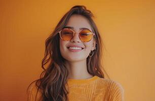 AI generated a girl with sunglasses on an orange background photo