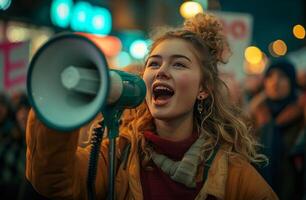 AI generated a girl with large protest signs shouts over a megaphone photo