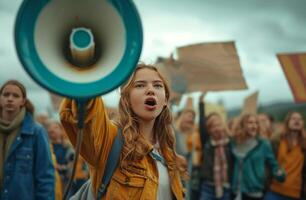 AI generated a girl with large protest signs shouts over a megaphone photo