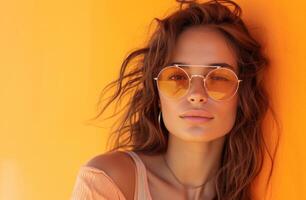 AI generated a girl with sunglasses on an orange background photo