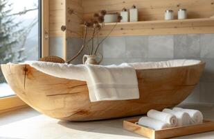 AI generated a large wooden tub placed in a bathroom with a tray full of towels photo