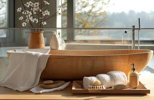 AI generated a large wooden tub placed in a bathroom with a tray full of towels photo